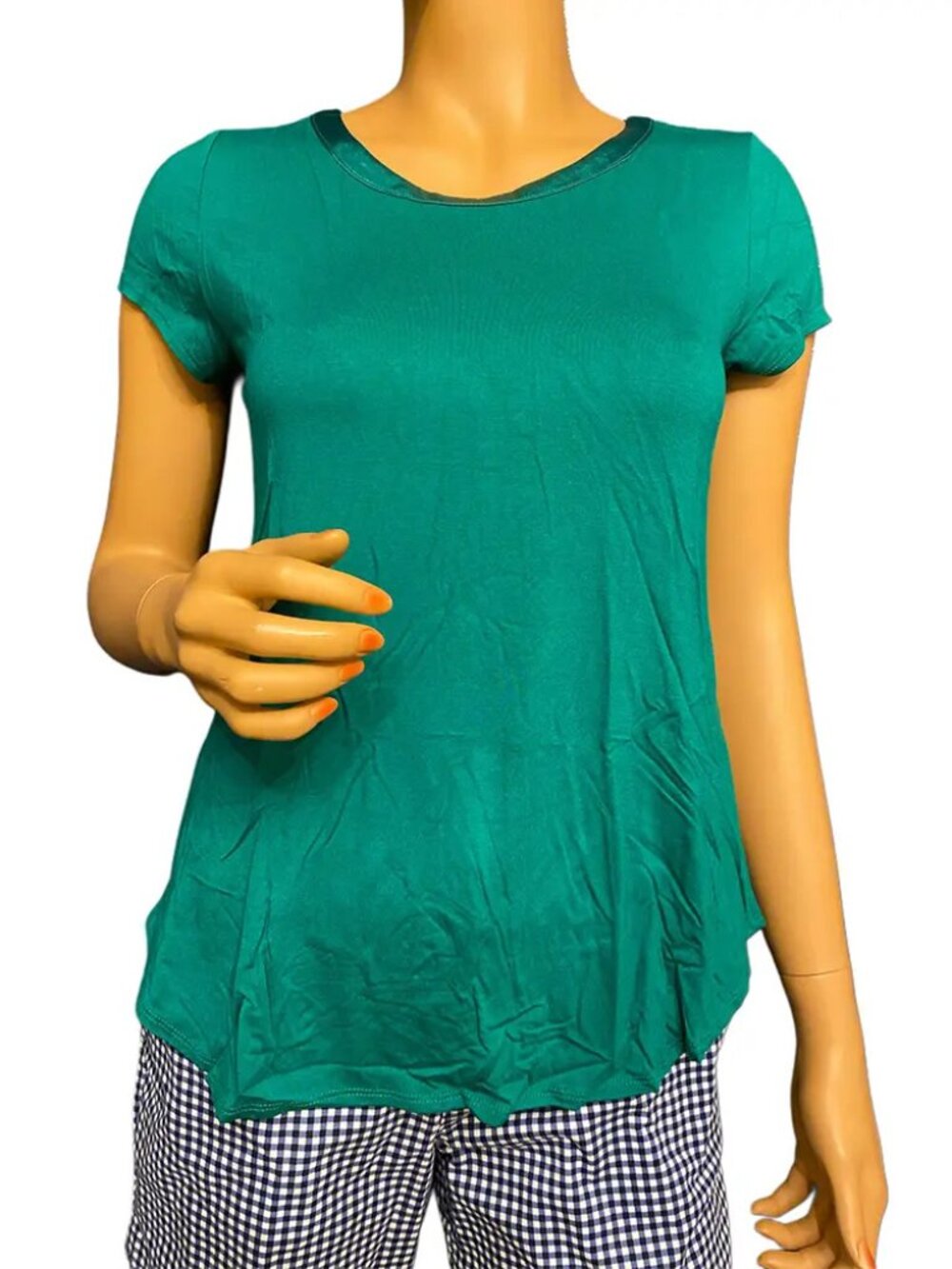 Alfani Petite Satin Trim High Low Tee Lush Meadow Green